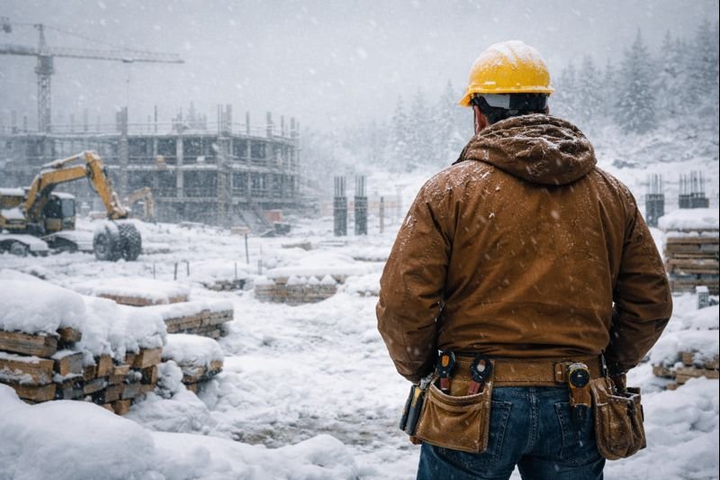 Construtor em canteiro de obras com neve durante o inverno nos Estados Unidos.