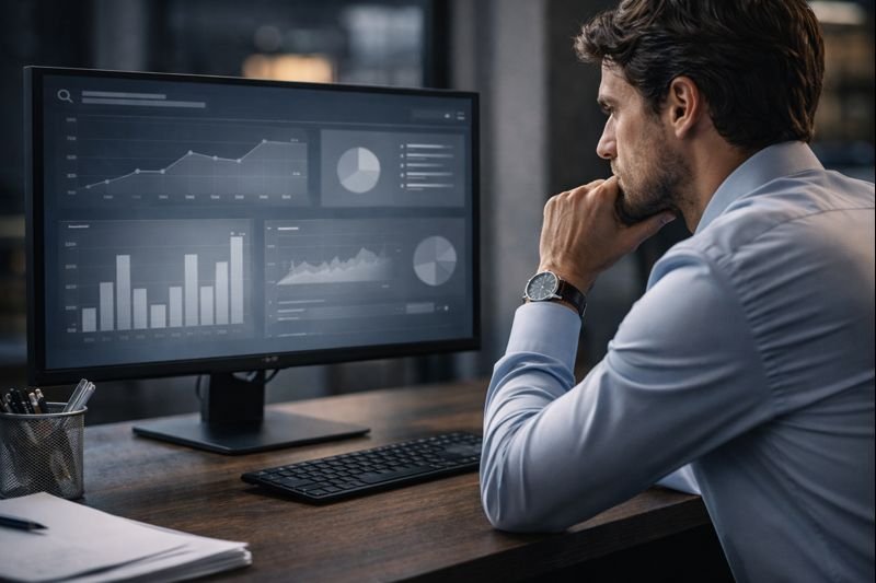 Empresário observa métricas e gráficos em dashboard de marketing digital.